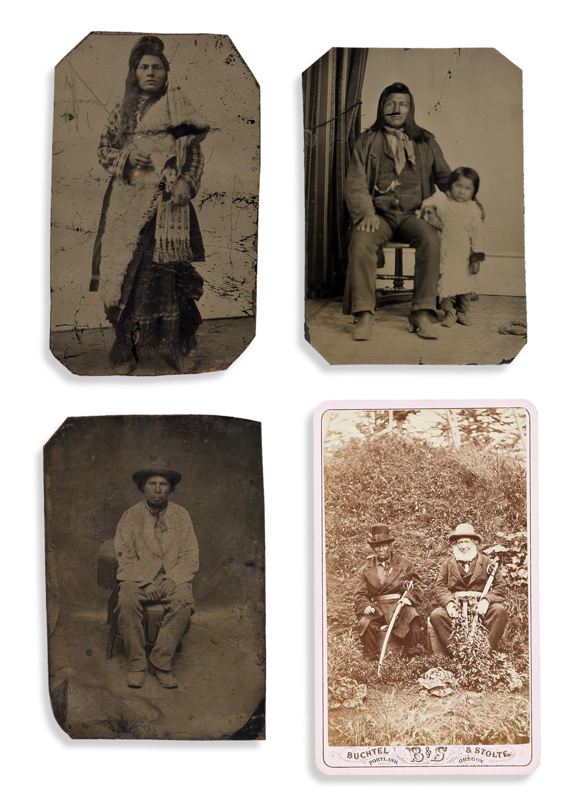 (AMERICAN INDIANS--PHOTOGRAPHS.) Group of 11 cartes-de-visite, tintypes, cabinet cards, and stereoviews.